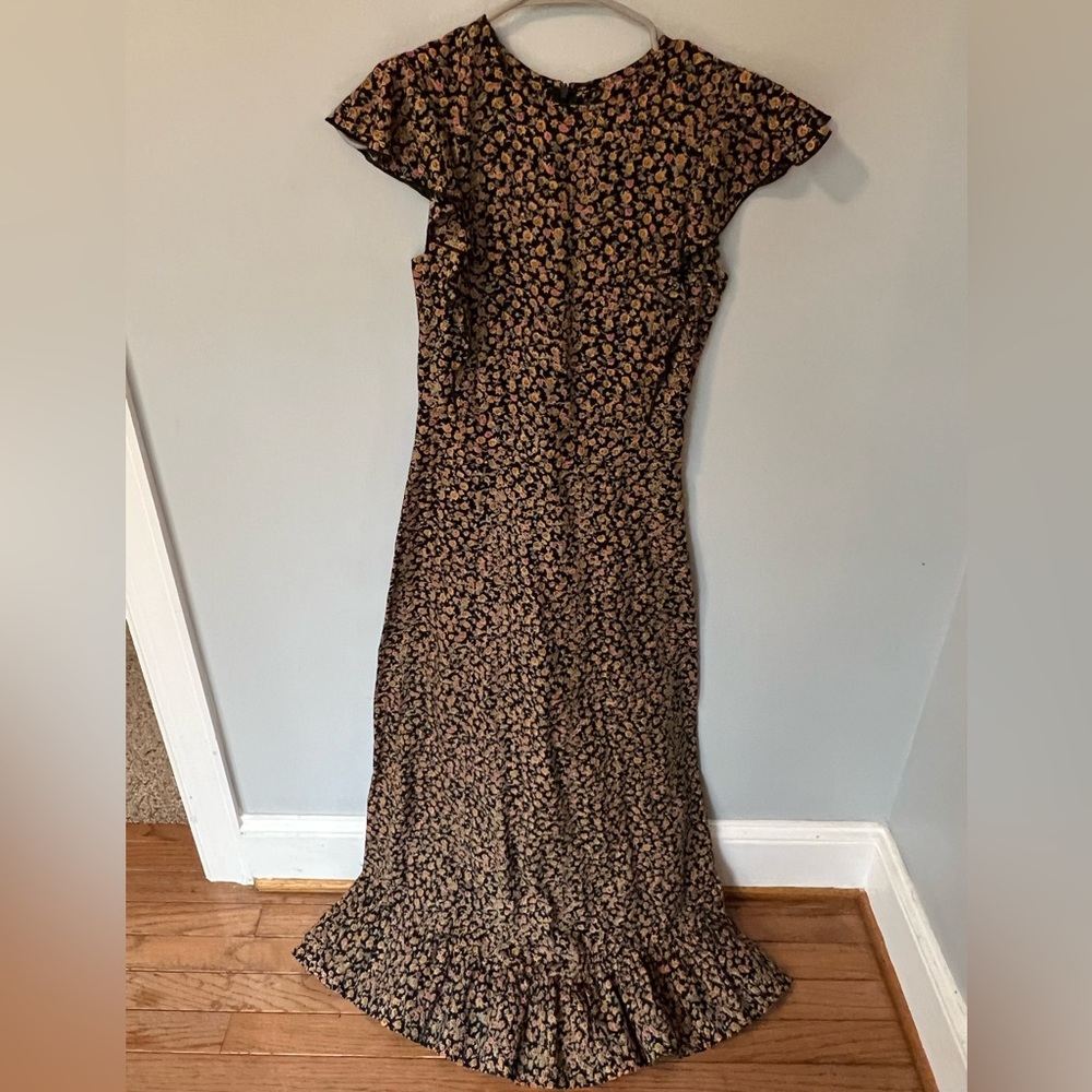 Christie Dawn Quinn Ruffled Midi Dress in Midnight Calico, size XS